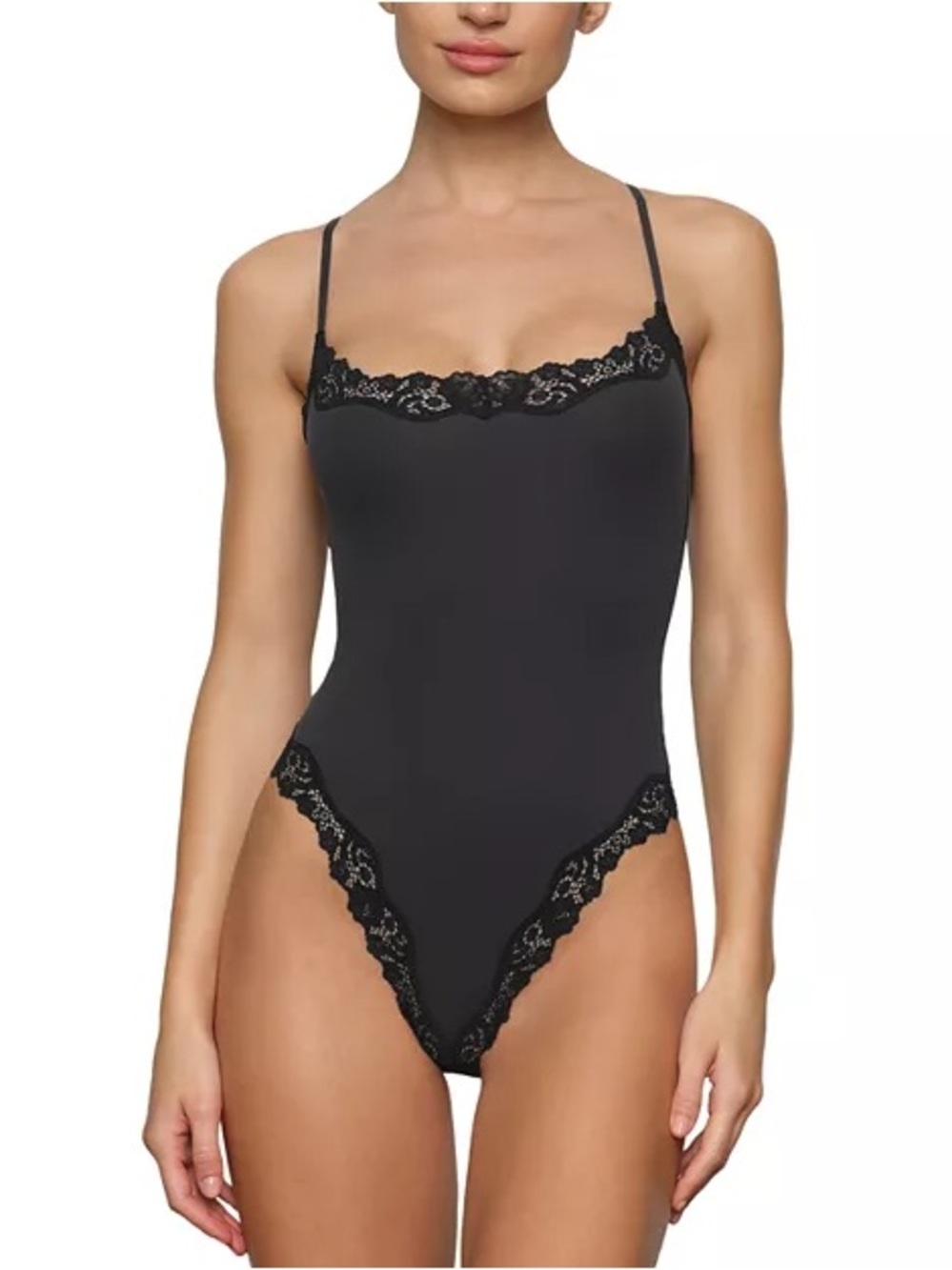 SKIMS Fits Everybody Lace Cami Thong Bodysuit in Onyx - Picture 2 of 9
